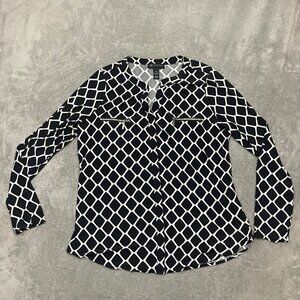 INC Blouse Womens 2XL Black White Diamond Print Zip Pocket Top